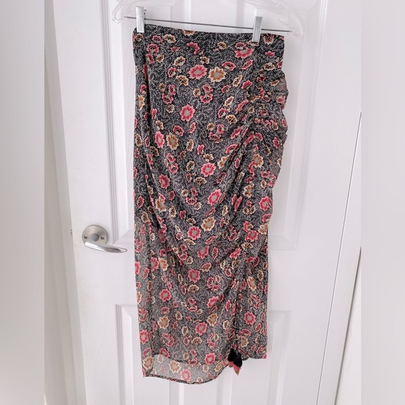 Rebecca Minkoff Romy Black Floral Print Ruched Skirt with Tassels Sz 10 - Picture 2 of 8